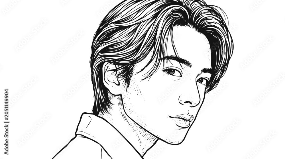 © Pupun - Male - Detailed Line Art of a Young Man Portrait featuring a Handsome Character Illustration in Minimalist Manga Style