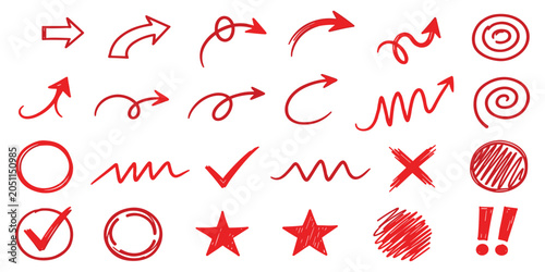 Foto Handwritten red sketch arrows and highlights set for presentation and document c