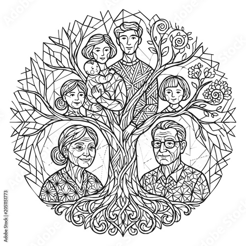 Detailed Family Tree Illustration Representing Genealogy and Ancestry with Multi-Generational Lineage Across Various Generations of a Happy Family