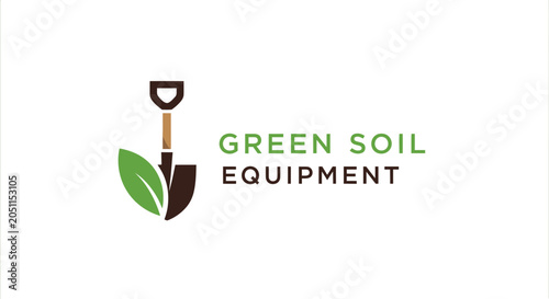 Minimalist green soil equipment logo design with shovel and leaf elements
