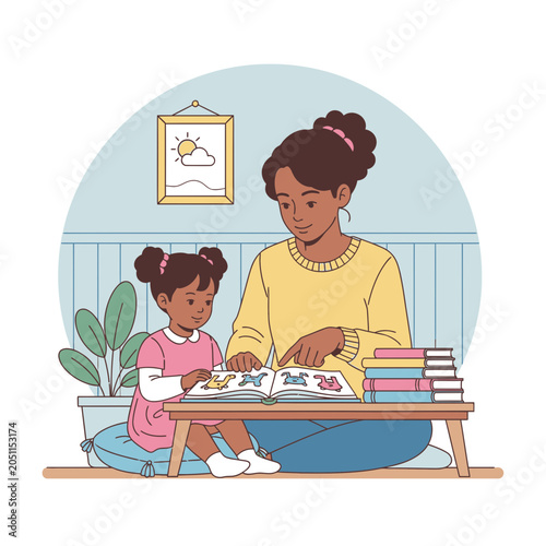 Mother and child reading together indoors illustration for education and family concept