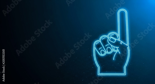 Illuminated finger in a pointing-up gesture with a futuristic neon glow against a dark backdrop.