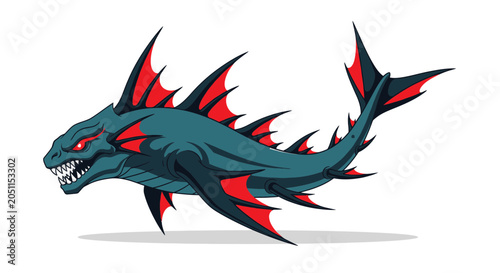 Stylized illustration of a fierce sea creature with red fins and sharp teeth