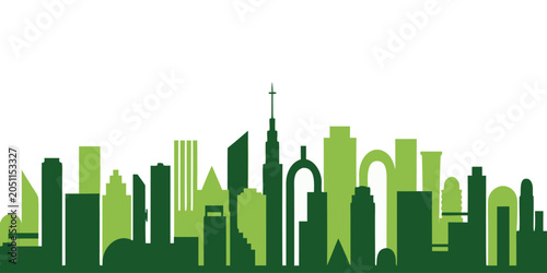 Green city skyline silhouette with trees and buildings eco concept illustration.