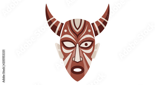 Stylized tribal mask illustration with horns and intricate patterns on white backdrop