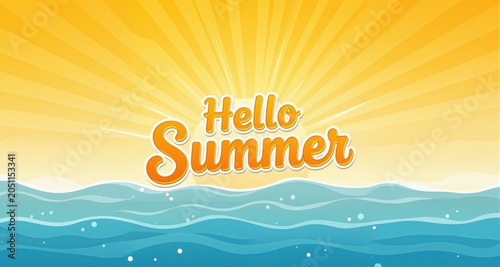 Hello summer. Banner set hello summer with sunburst. Sumer illustration. Text summer in lettering style. Vector
