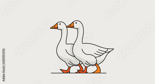 Two white geese walking profile view on beige background vector illustration