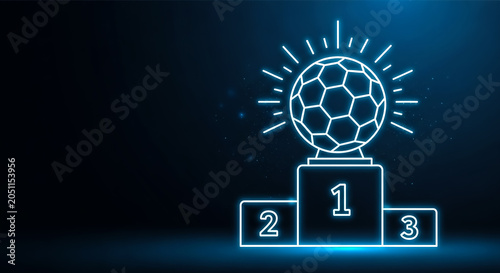 Illustrative graphic of a glowing soccer trophy podium displaying first, second, and third place with a radiant soccer ball on top.