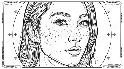 Futuristic facial recognition and biometric scan on a HUD interface featuring a cyberpunk woman in a detailed line art illustration