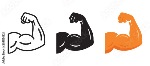 Set of bicep muscle icons in line, solid, and color styles