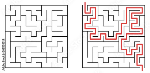 Square maze labyrinth puzzle with solution path highlighted. PNG, white background. Brain teaser game, logic challenge, education concept, problem solving