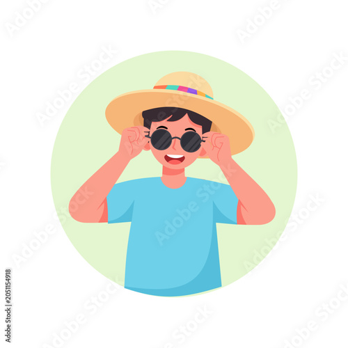 Cheerful young boy wearing stylish summer vacation hat.