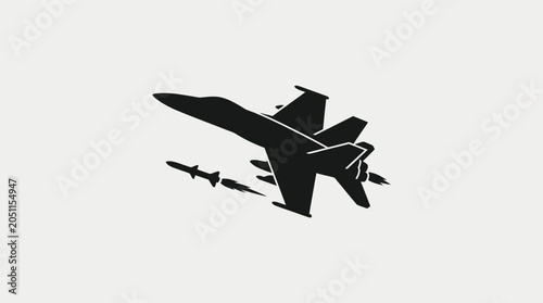 Silhouette of a modern fighter jet launching missiles in flight.