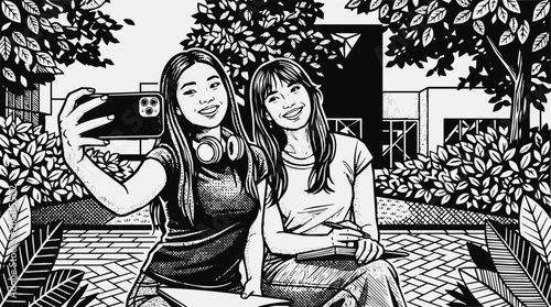 Outdoor - Two young Asian women friends taking a selfie with a smartphone outdoors, smiling with headphones and books
