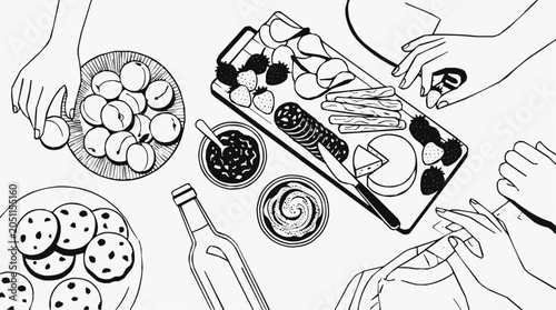 Food - A top-down hand-drawn vector illustration of a gathering with a charcuterie board, fruit, cookies, and wine, capturing a moment of sharing
