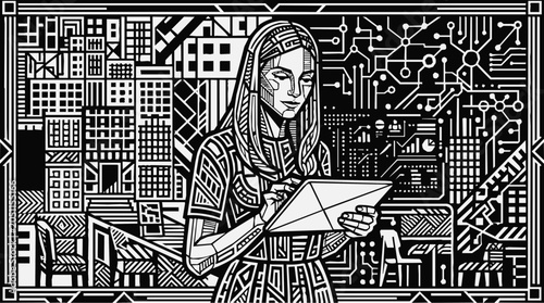A stylized digital woman embodying artificial intelligence interacts with technology amidst an intricate urban cityscape and complex circuit board