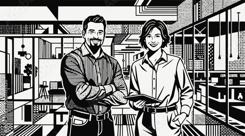 Professionals - Confident business people collaborating in a dynamic modern office setting, depicting professional teamwork in a striking black and