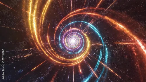 Abstract colorful spiral light tunnel with glowing lines converging to a bright center, depicting a wormhole or time travel concept.