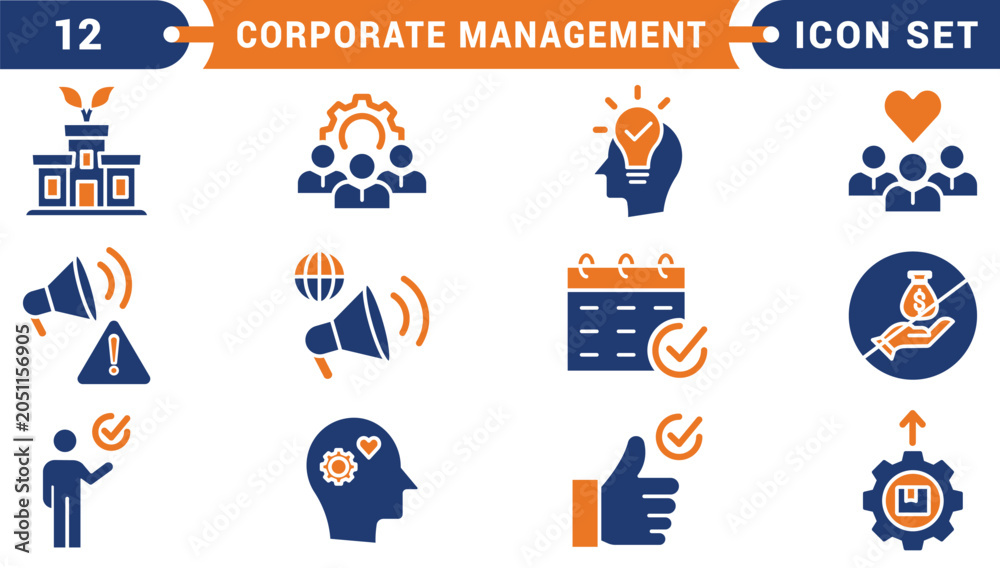 Fototapeta premium Corporate Management solid icon set. Containing Efficiency, Deadline, Workflow, and Productivity Dashboard. Solid vector icons for process, strategy, and project management.
