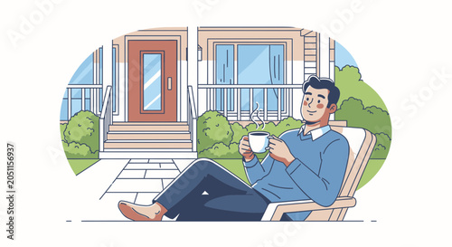 Man enjoying coffee outdoors near home illustration with clear graphic style