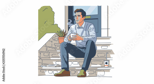 Man enjoying coffee outdoors on stairs illustration daytime lifestyle