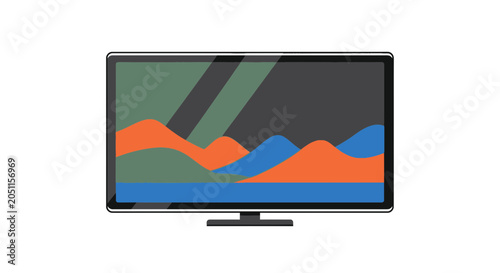 Modern flat screen television display with colorful landscape illustration