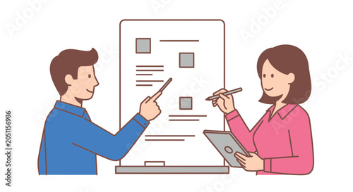 People reviewing presentation on whiteboard with digital tablet illustration