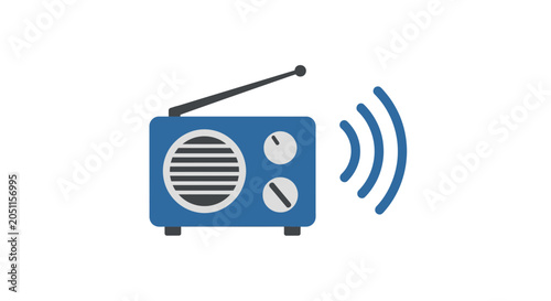 Retro radio icon blue electronic device with sound waves illustration