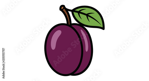 Vibrant illustration of a single plum with leaf isolated on white background