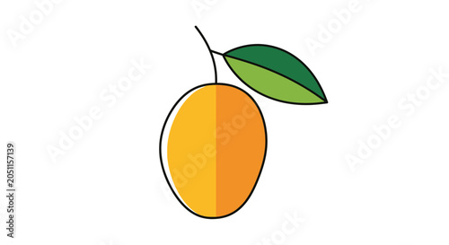 Vibrant yellow mango with green leaf isolated on white background