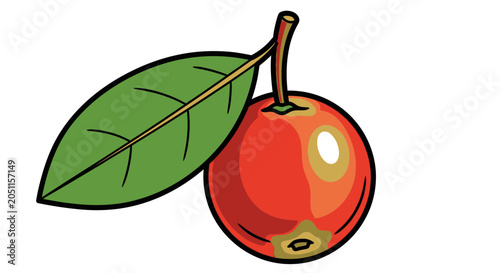 Vibrant red fruit with green leaf isolated on white background illustration