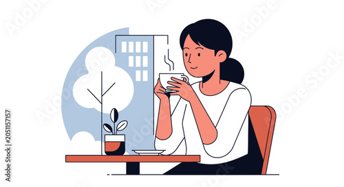 Woman enjoying coffee outdoors at a cafe table illustration vector design