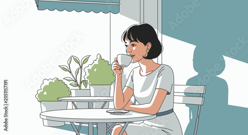 Woman enjoying coffee outdoors illustration concept relaxing lifestyle morning