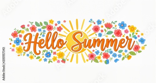 Hello Summer handwritten typography lettering text line design sun colorful flowers draw white isolated background banner
