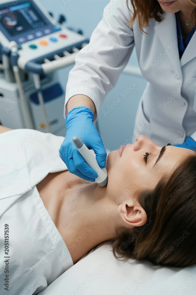 Fototapeta premium Doctor performs ultrasound of thyroid gland on woman patient in modern clinic. Specialist uses medical scanner for diagnostic neck exam. Health check-up for disease prevention.