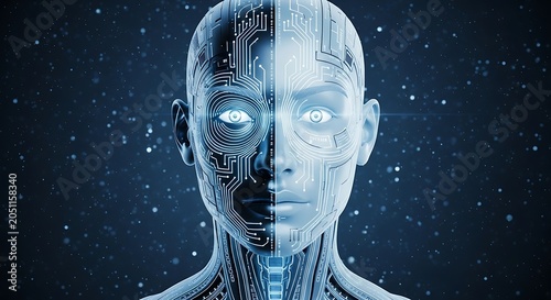 Futuristic AI Humanoid Face with Circuitry and Glowing Eyes.