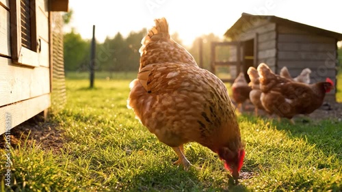 Brown hen standing on green grass near a wooden chicken coop at sunset in a rural farmyard