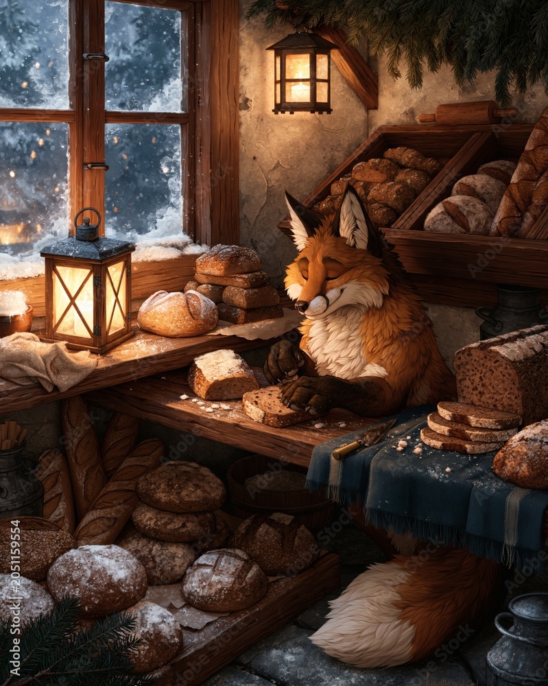 Naklejka premium Charming Fox in a Cozy Winter Bakery with Freshly Baked Bread