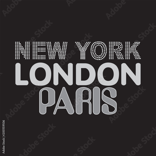 Retro Y2K streetwear graphic design featuring New York London Paris typography with rhinestone, bold, and outline font styles isolated on a black background.