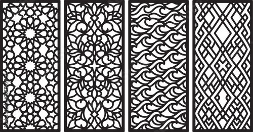 Black and white ornate panel designs, decorative border patterns, vector illustrations, 4 element set