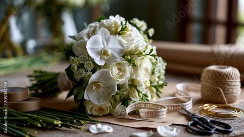 Florist's workbench closeup showing cut stems, floral tape, wire, and scattered petals beside a nearly finished bridal bouquet resting on craft paper, a single professional's