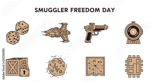 Quadro em tela A collection of eight tancolored lineart icons related to scifi smuggling arrang