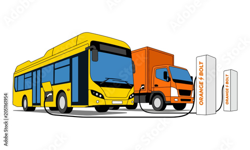 Electric bus and truck charging at station on white background