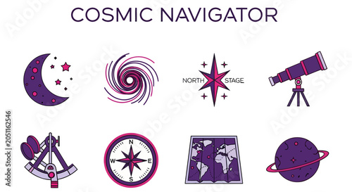 Tableau sur toile An infographic titled COSMIC NAVIGATOR featuring eight purple and pink celestial
