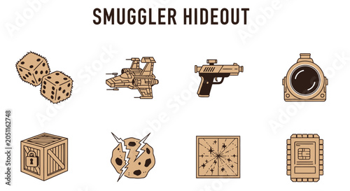 Tableau sur toile Eight brown flatstyle icons illustrating spacethemed gear including dice a space