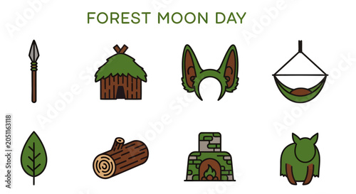 Foto Eight vectorstyle icons arranged in a grid titled FOREST MOON DAY featuring natu