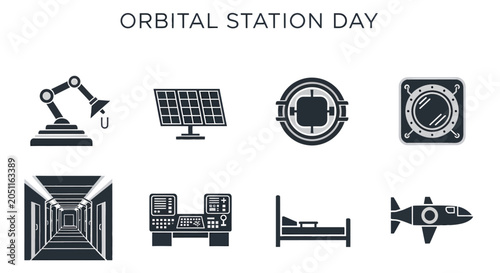 Bild auf Leinwand Set of eight black and white icons illustrating an orbital station including mac