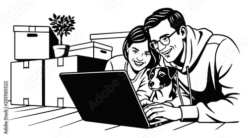 A happy young couple using a laptop with their dog while moving house and sitting among cardboard boxes in their new home.