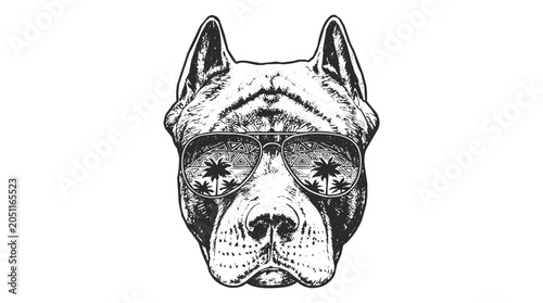 Stylized Pitbull Wearing Sunglasses with Palm Trees Reflection, Vintage Illustration of a Cool Dog Head for Summer Design