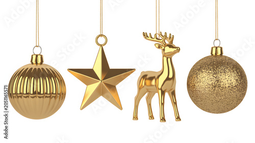 Golden christmas ornaments hanging shiny star reindeer balls